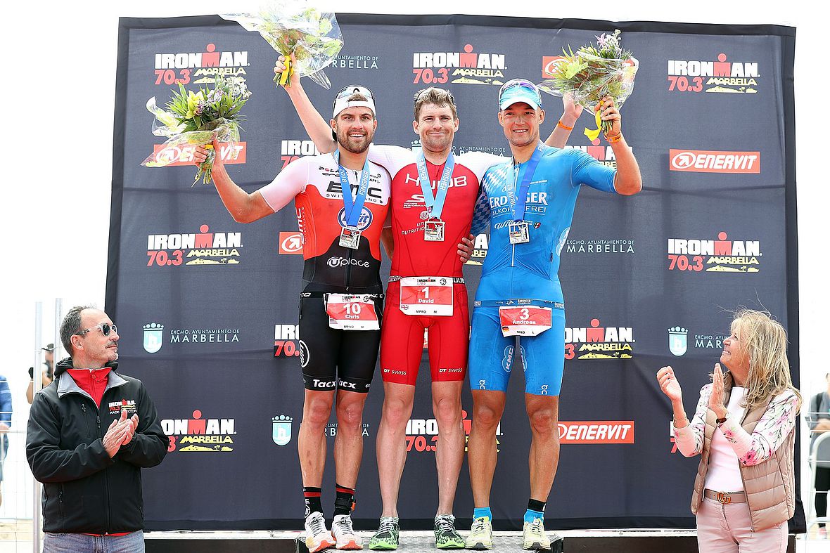 Das Ironman 70.3 Männerpodium: Chris Leiferman, David McNamee und Andi Dreitz