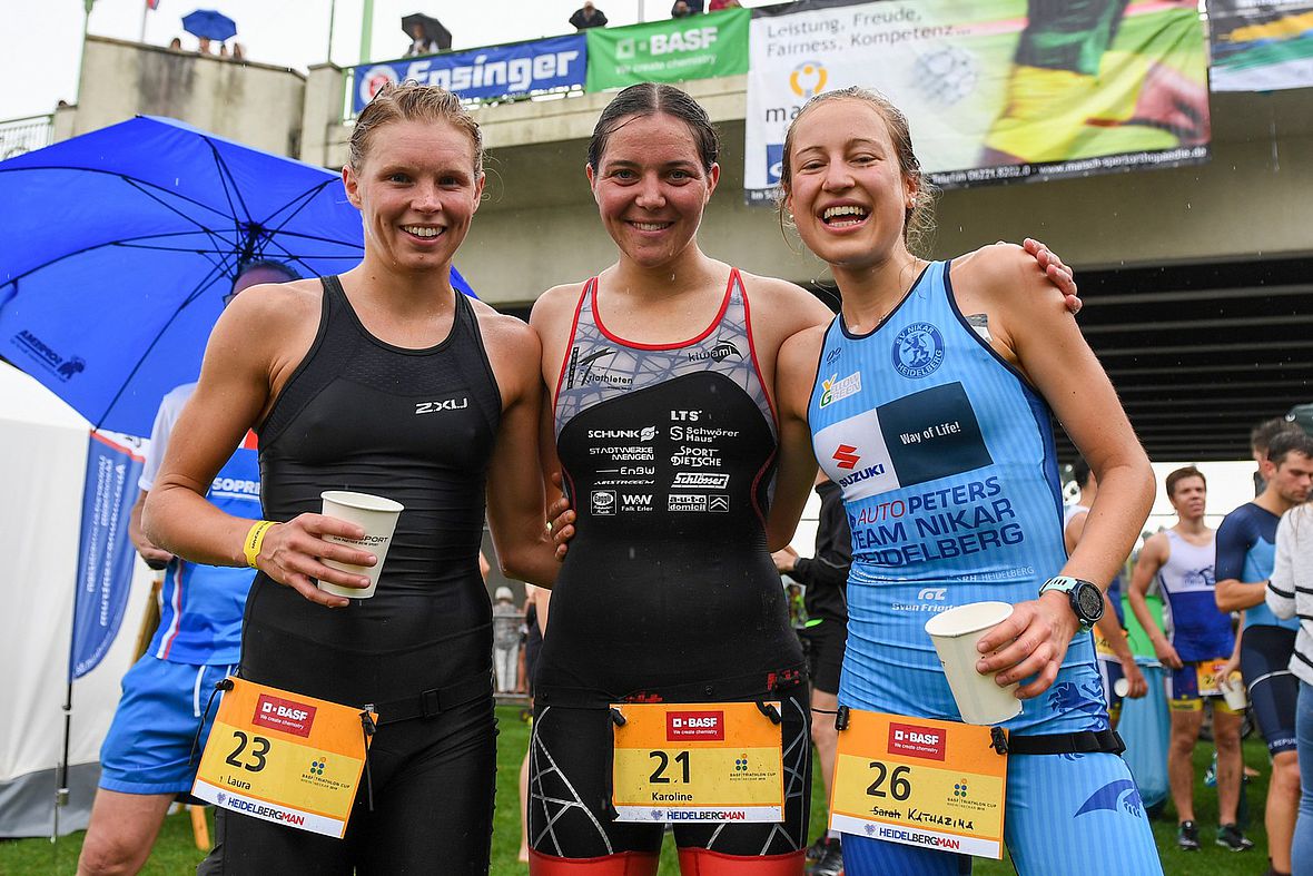 Die schnellsten Girls beim HeidelbergMan 2019: Katharina Grabinger, Karoline Brüstle und Laura Jansen