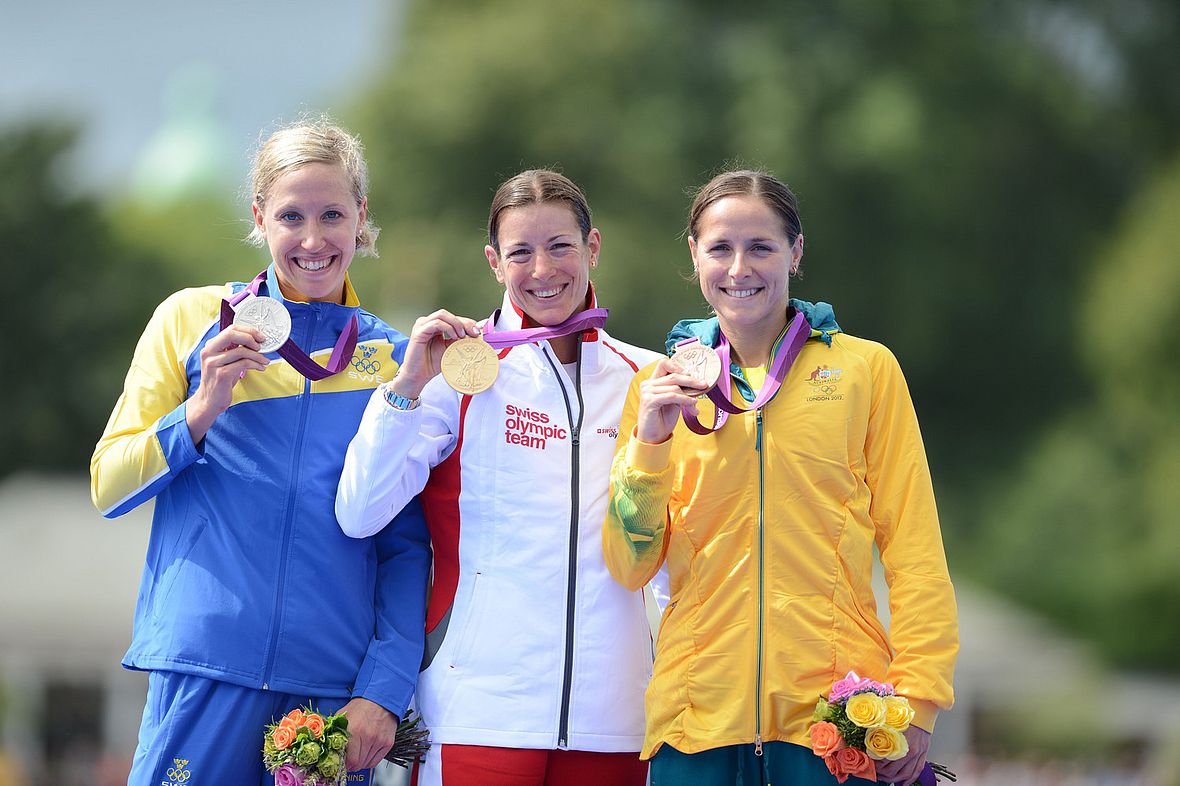 2012: Die Medaillengewinnerinnen Lisa Norden, Nicola Spirig und Erin Densham (v.l.)