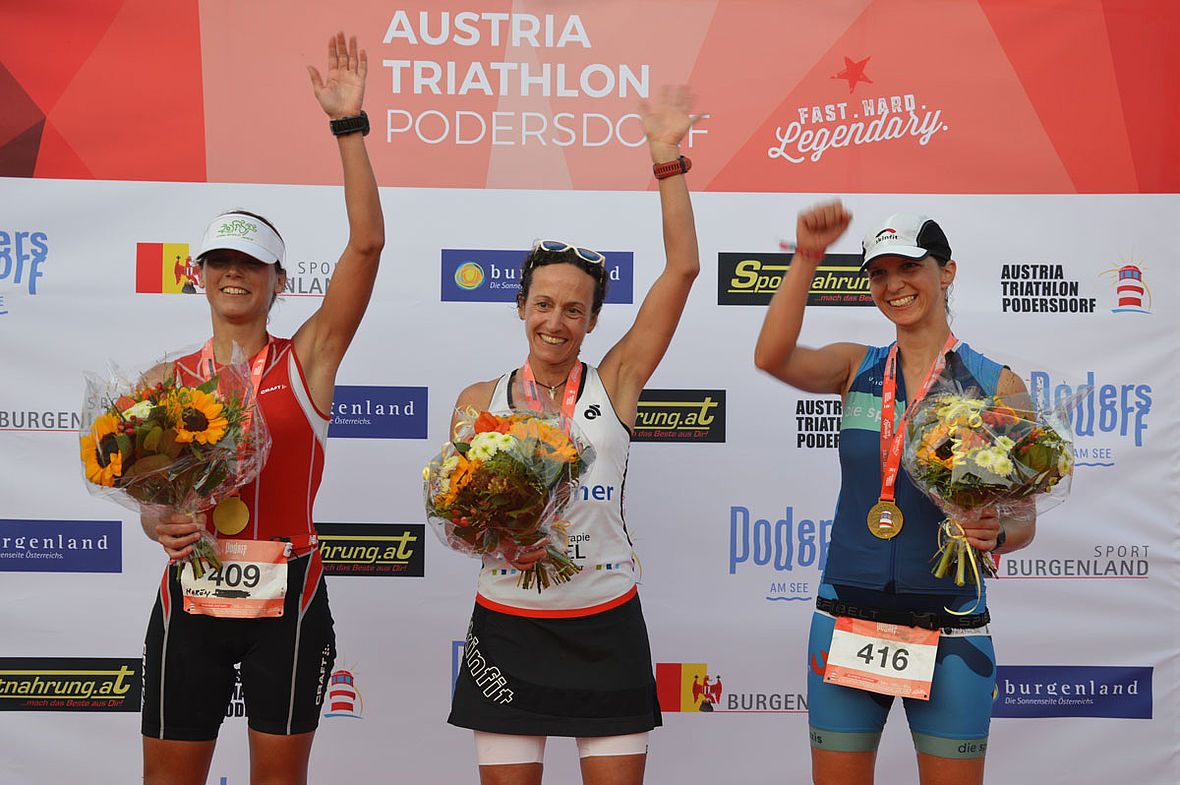 Die besten drei Frauen über die Langdistanz beim Austria Triathlon 2019: Bianca Grosse (SV Oberusel) holte sich überlegen den Sieg