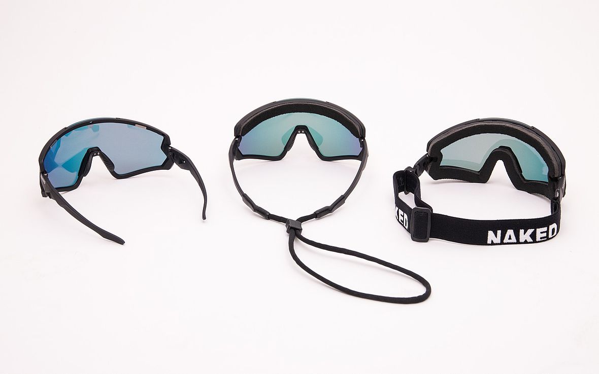 Die Qual der Wahl: Die NAKED Sportbrille - wahlweise mit Bügel, Bügel mit Brillenband oder Kopfband
