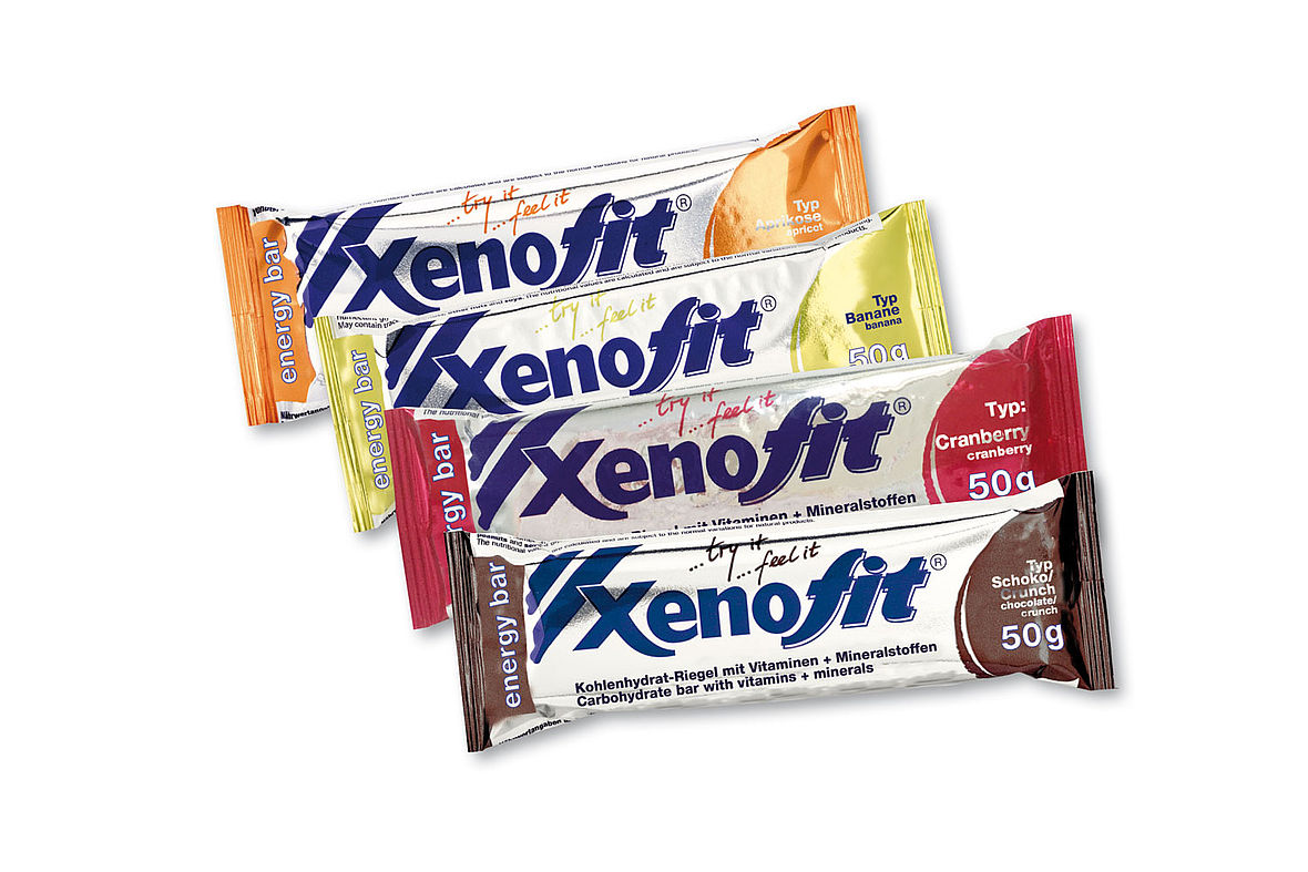 In den Geschmacksrichtungen Aprikose, Banane, Cranberry und Schoko/Crunch gibt es den neuen Xenofit energy bar