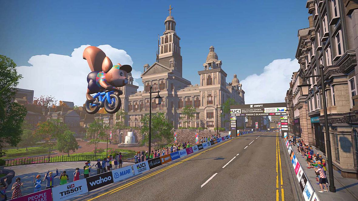 Die Finishline der UCI Cycling Esports World Championships 2023 in Glasgow - die am 18. Februar ausgetragen werden